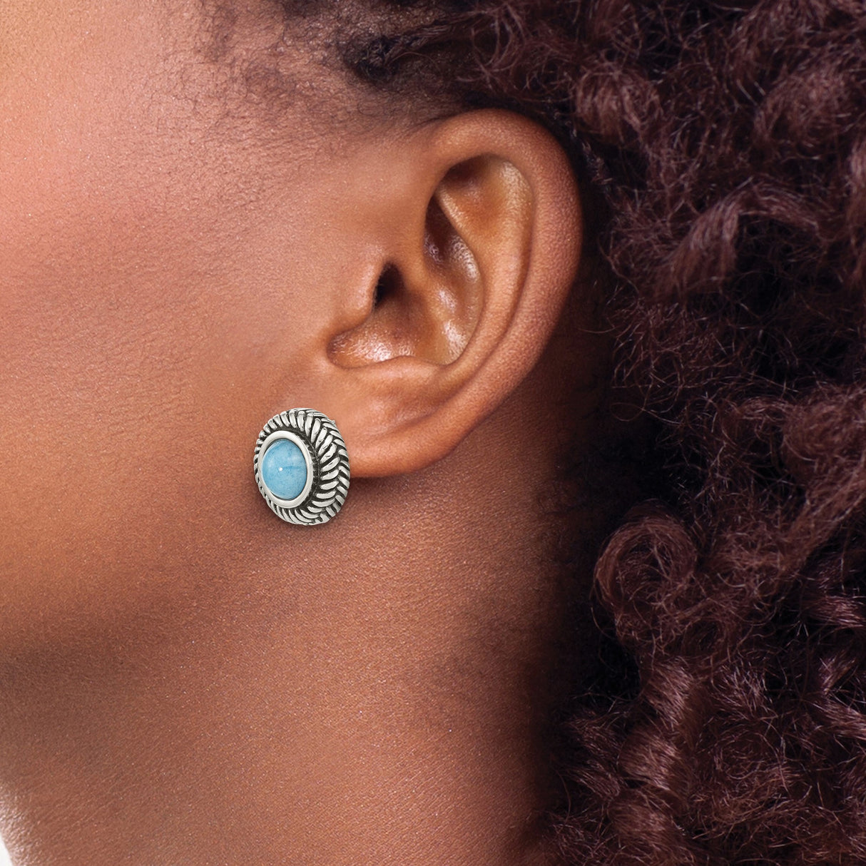 Sterling Silver Stud Earrings with Created Turquoise, Twisted Rope Bezel, Boho Style