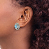 Sterling Silver Stud Earrings with Created Turquoise, Twisted Rope Bezel, Boho Style