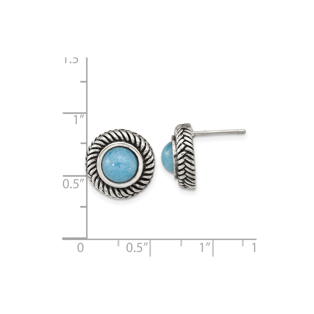 Sterling Silver Stud Earrings with Created Turquoise, Twisted Rope Bezel, Boho Style