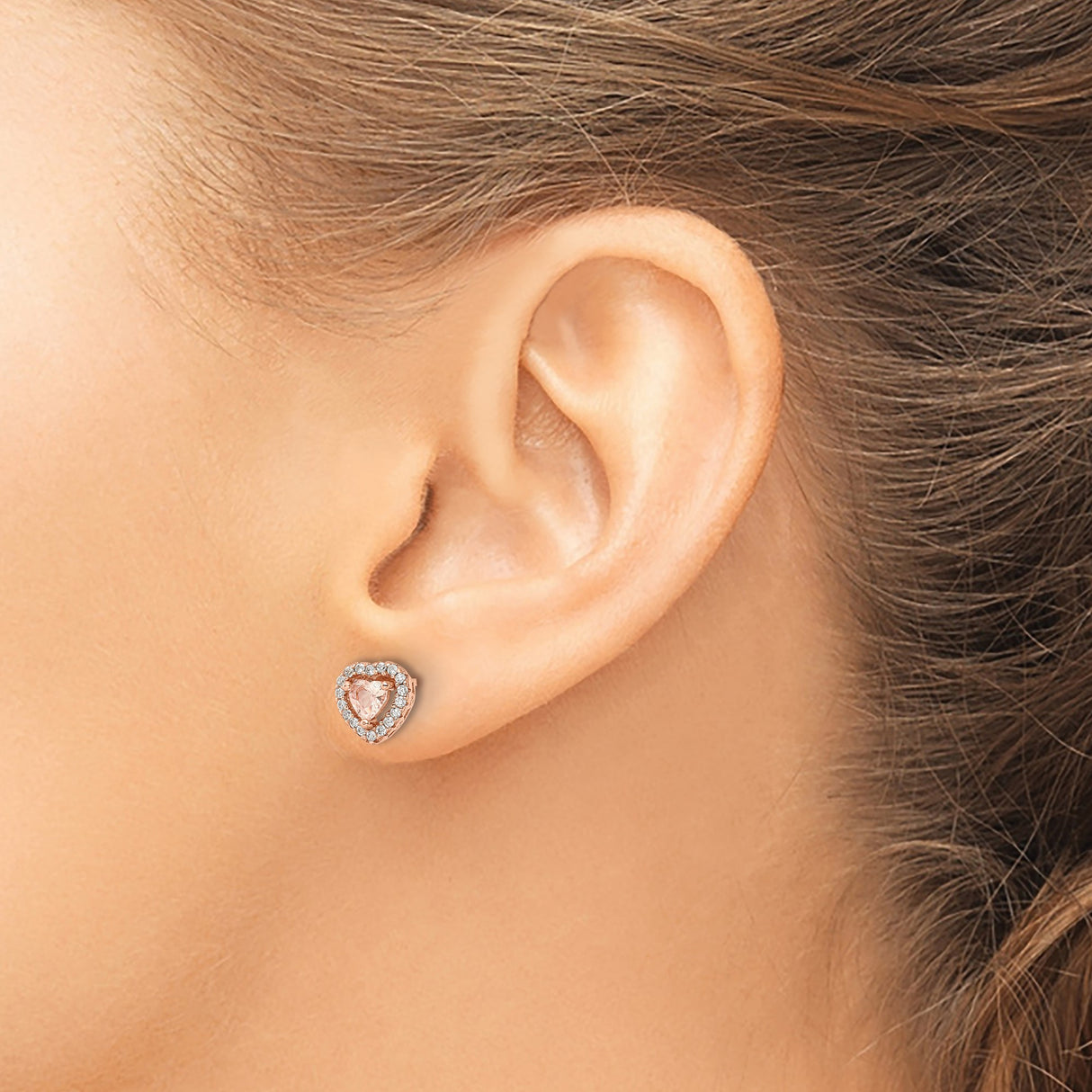 Sterling Silver Heart Stud Earrings with Cubic Zirconia, Rose Gold Plated Halo Design