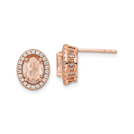 Sterling Silver Oval Stud Earrings with Light Pink Cubic Zirconia and Halo Design