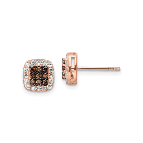 Sterling Silver Stud Earrings with Rose Gold Finish, Cushion Cut Cubic Zirconia in White and Brown, Rhodium Plated Modern Fashion Earrings for Women, Elegant Square Studs for Daily or Evening Wear