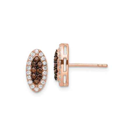Sterling Silver Oval Stud Earrings with Brown and White Cubic Zirconia in Pave Setting
