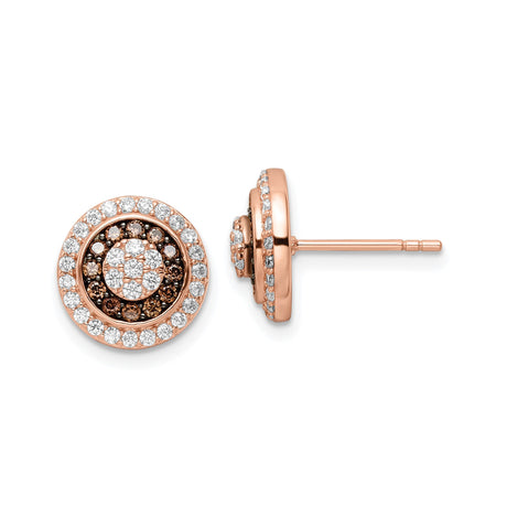 Sterling Silver Stud Earrings with White and Brown Cubic Zirconia, Concentric Circle Design