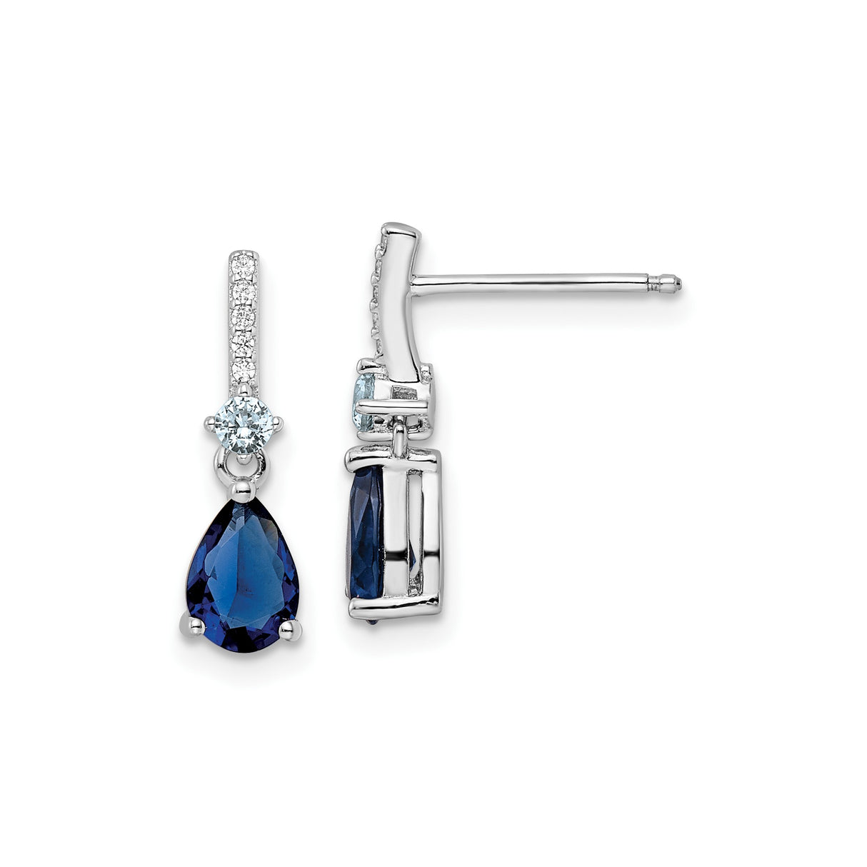Sterling Silver Drop Earrings with Deep Blue Pear-Shaped Cubic Zirconia and Light Blue Glass Accents