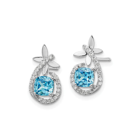 Sterling Silver Dangle Earrings with Cushion Cut Blue Topaz and Cubic Zirconia Teardrop Design