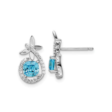 Sterling Silver Dangle Earrings with Cushion Cut Blue Topaz and Cubic Zirconia Teardrop Design