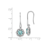 Sterling Silver Dangle Earrings with Aqua Blue Cubic Zirconia in Floral Halo Design