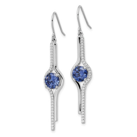 Sterling Silver Dangle Earrings with Round Blue Cubic Zirconia, Curved Drop Design for Women