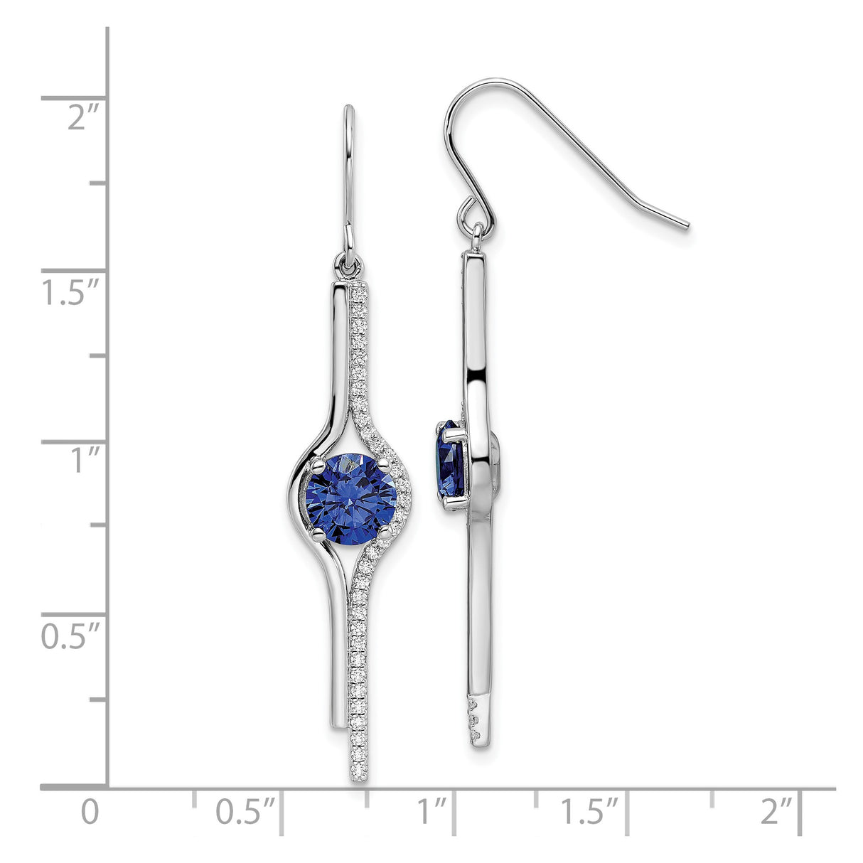 Sterling Silver Dangle Earrings with Round Blue Cubic Zirconia, Curved Drop Design for Women
