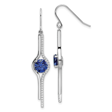 Sterling Silver Dangle Earrings with Round Blue Cubic Zirconia, Curved Drop Design for Women