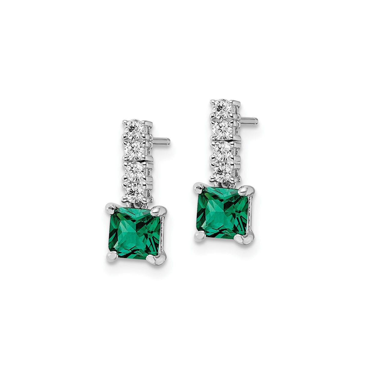 Sterling Silver Drop Earrings with Square Cut Green Gemstone and Cubic Zirconia