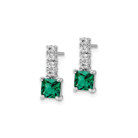 Sterling Silver Drop Earrings with Square Cut Green Gemstone and Cubic Zirconia