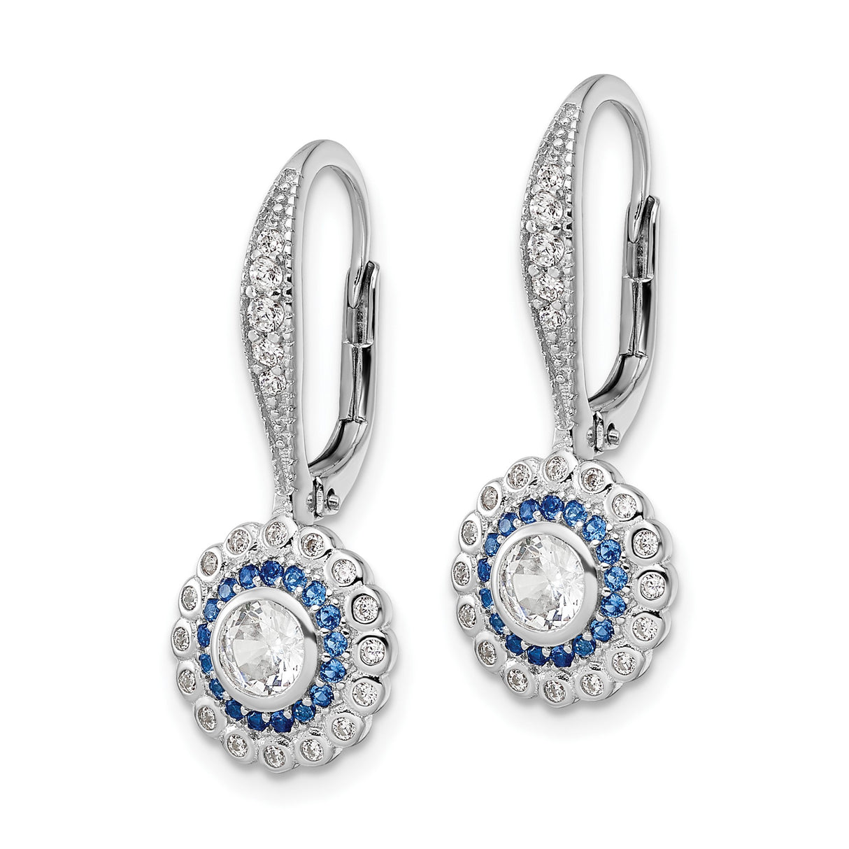 Sterling Silver Dangle Earrings with Blue and White Cubic Zirconia, Halo Design, Leverback Drops