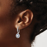 Sterling Silver Dangle Earrings with Blue and White Cubic Zirconia, Halo Design, Leverback Drops