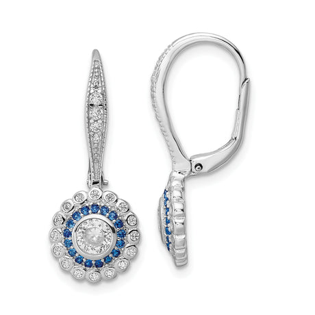 Sterling Silver Dangle Earrings with Blue and White Cubic Zirconia, Halo Design, Leverback Drops