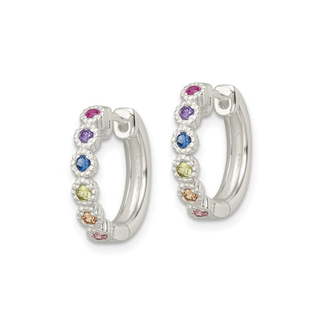 Sterling Silver Hoop Earrings with Cubic Zirconia, Rainbow Multicolor Vertical Setting