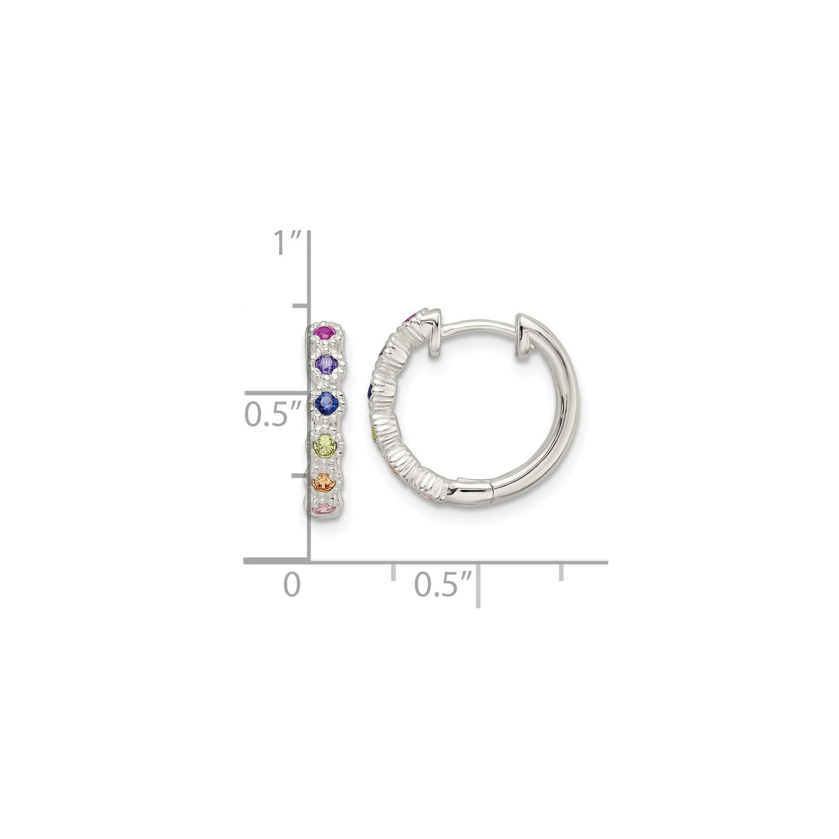 Sterling Silver Hoop Earrings with Cubic Zirconia, Rainbow Multicolor Vertical Setting
