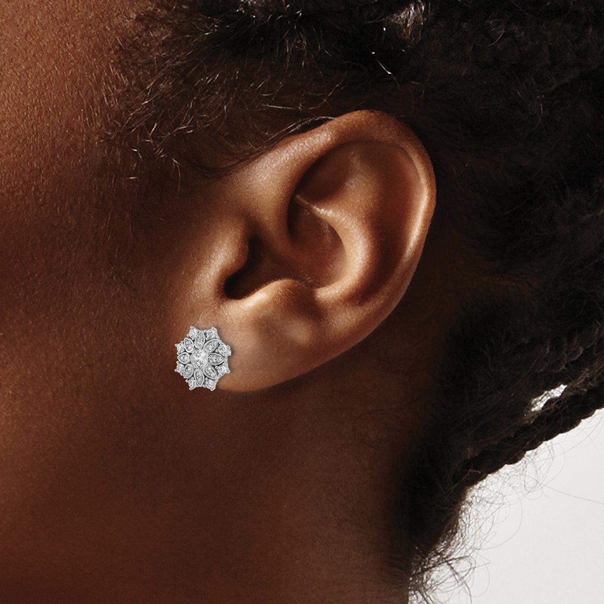 Sterling Silver Stud Earrings with Cubic Zirconia, Snowflake Floral Design for Women