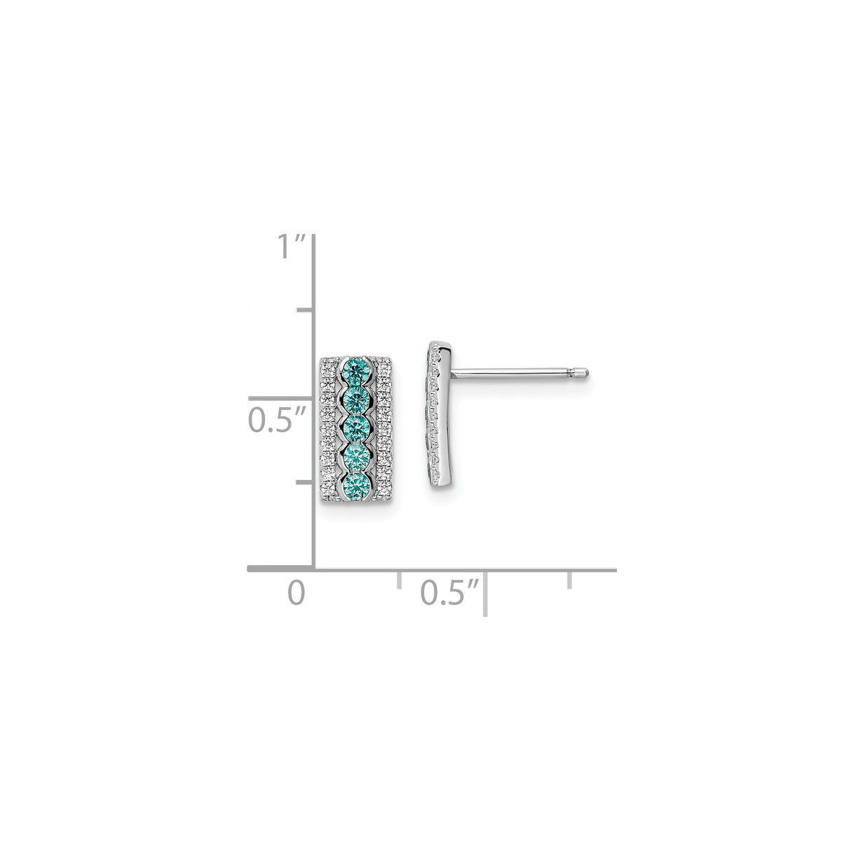 Sterling Silver Bar Stud Earrings with Blue Cubic Zirconia, Modern Rectangular Design