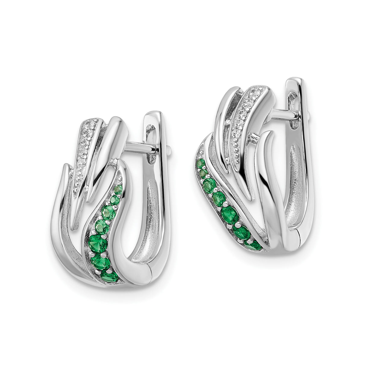 Sterling Silver Hoop Earrings with Green and White Cubic Zirconia, Wave Design, Nature-Inspired Style