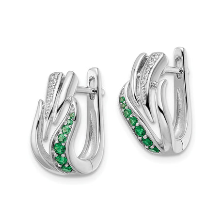 Sterling Silver Hoop Earrings with Green and White Cubic Zirconia, Wave Design, Nature-Inspired Style