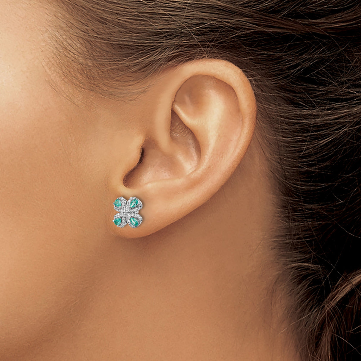 Sterling Silver Clover Stud Earrings with Green Pear-Cut Cubic Zirconia and Pavé Crystals