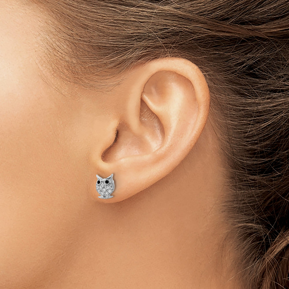 Sterling Silver Owl Stud Earrings with Black and Clear Cubic Zirconia Accents for Women