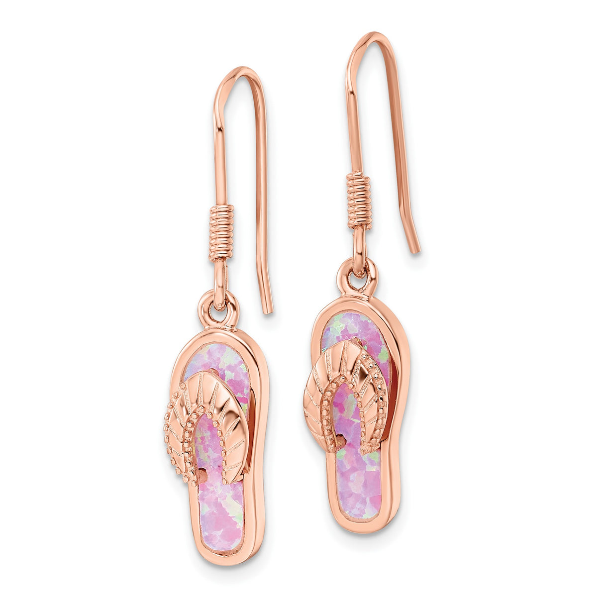 Sterling Silver Flip-Flop Dangle Earrings with Created Pink Opal, Rose Gold Plated Style