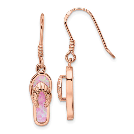 Sterling Silver Flip-Flop Dangle Earrings with Created Pink Opal, Rose Gold Plated Style