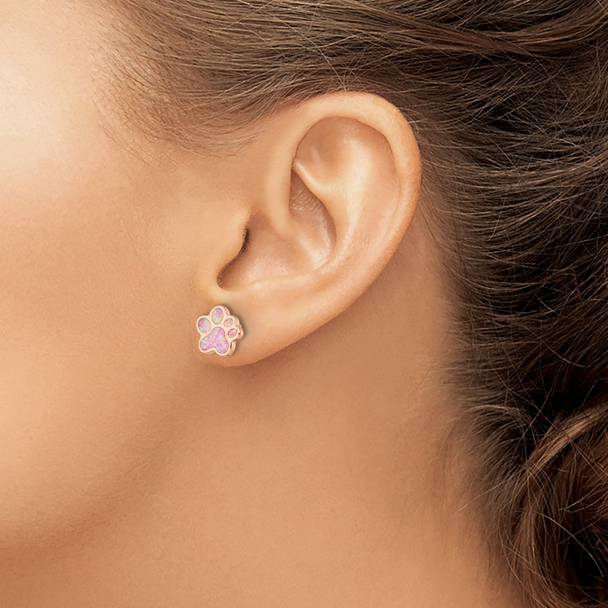 Sterling Silver Stud Earrings with Created Pink Opal, Rose Gold Plated Paw Print Design