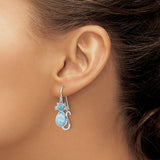 Sterling Silver Cat Dangle Earrings with Larimar Teardrop, Whimsical Feline Design
