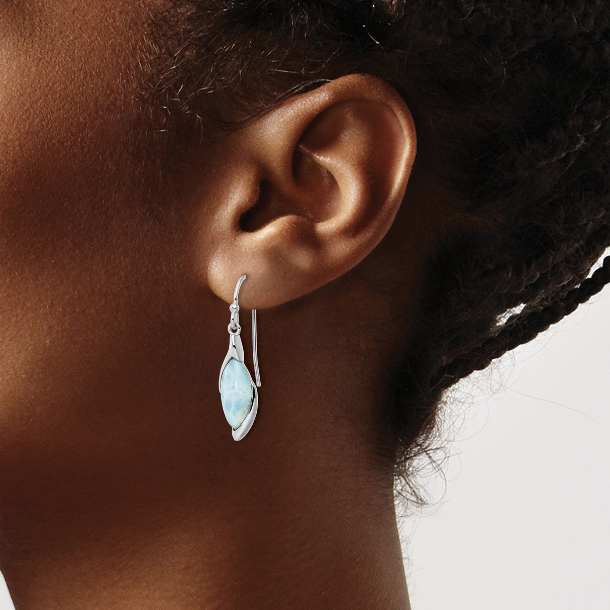 Sterling Silver Dangle Earrings with Larimar Marquise Cut Stone, Ocean-Inspired Boho Design