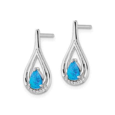 Sterling Silver Teardrop Openwork Earrings Blue Opal CZ