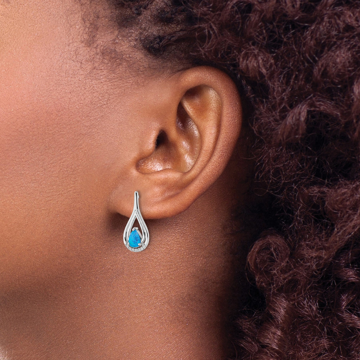 Sterling Silver Teardrop Openwork Earrings Blue Opal CZ