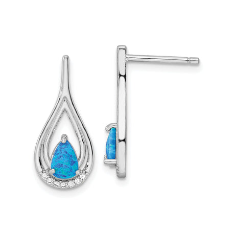 Sterling Silver Teardrop Stud Earrings for Women with Blue Opal Gemstone, Cubic Zirconia Accents, Openwork Design, Pear Shape Elegant Jewelry for Serenity, Inner Calm, Formal or Daily Wear