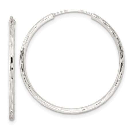 Sterling Silver Hoop Earrings, Textured Diamond Cut Round Hoops with Polished Finish