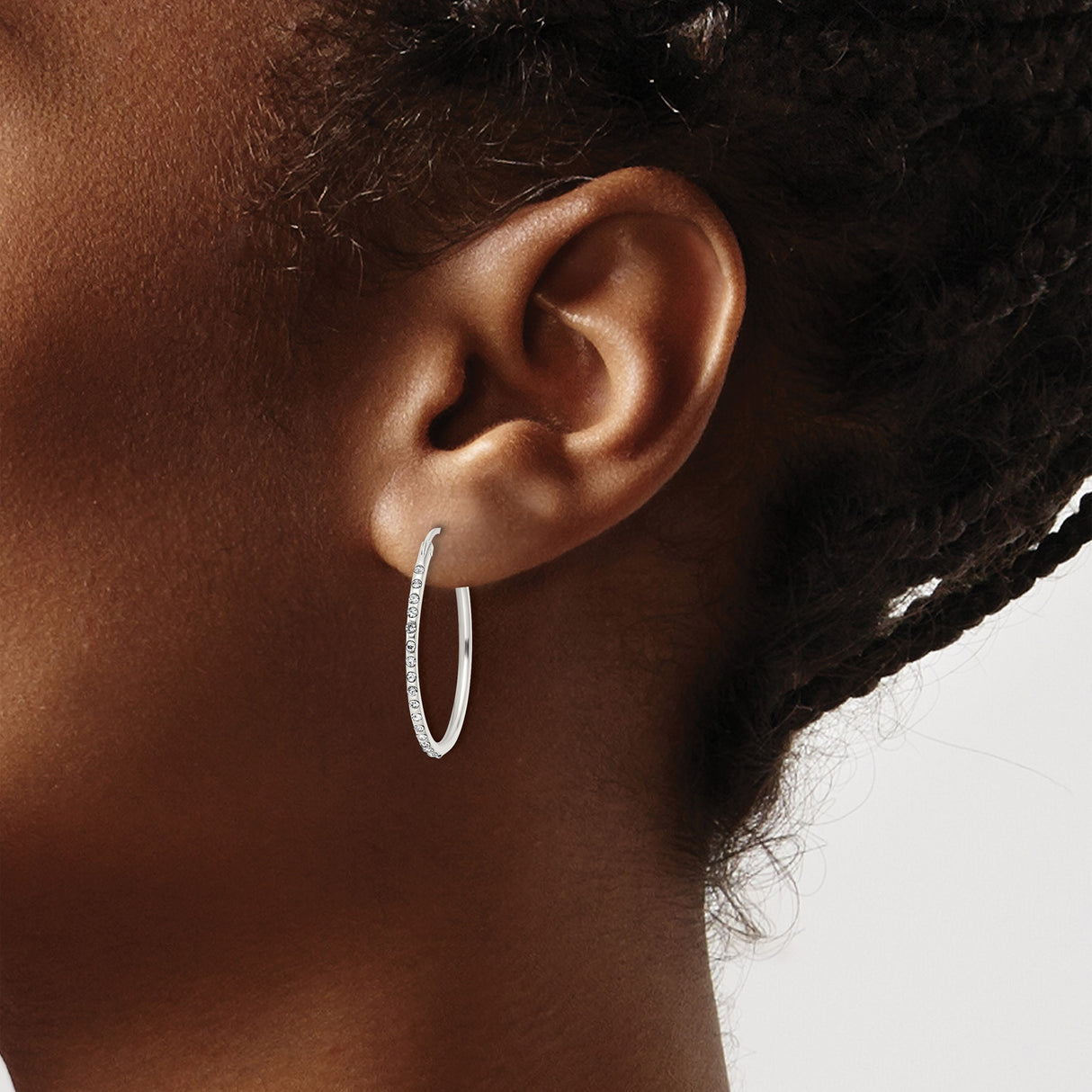 Sterling Silver Hoop Earrings with Round Cut Cubic Zirconia, Front Facing, Lightweight Design