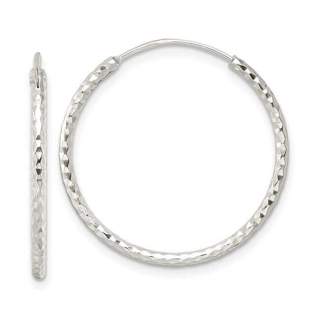 Sterling Silver Diamond-Cut Hoop Earrings, Textured Faceted Round Hoops for Women