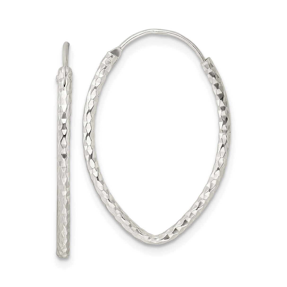 Sterling Silver Oval Hoop Earrings, Textured Diamond-Cut Lightweight Design