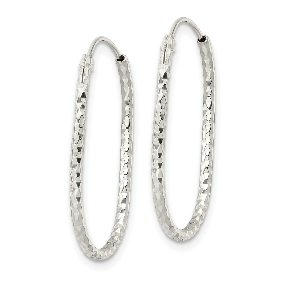 Sterling Silver Oval Hoop Earrings, Diamond-Cut Faceted Texture, Polished Lightweight Design