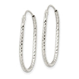 Sterling Silver Oval Hoop Earrings, Diamond-Cut Faceted Texture, Polished Lightweight Design