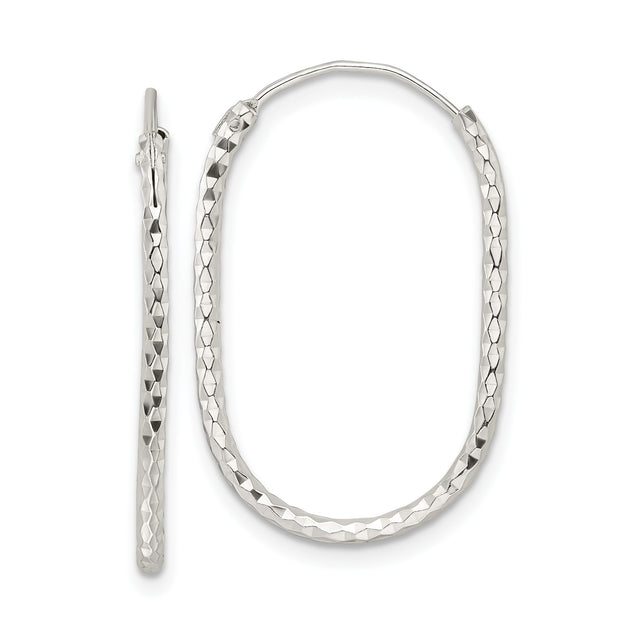 Sterling Silver Oval Hoop Earrings, Diamond-Cut Faceted Texture, Polished Lightweight Design