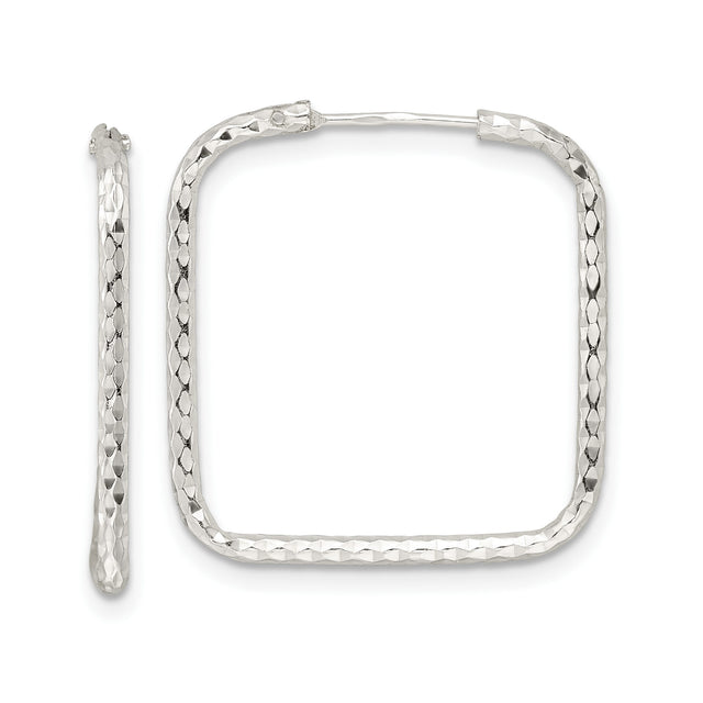 Sterling Silver Square Hoop Earrings, Diamond-Cut Finish, Modern Geometric Design