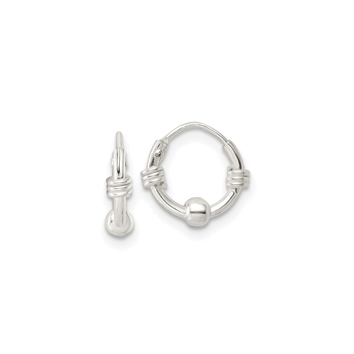 Sterling Silver Hoop Earrings with Wire Wrap and Bead Detailing, Tribal Boho Unisex Design