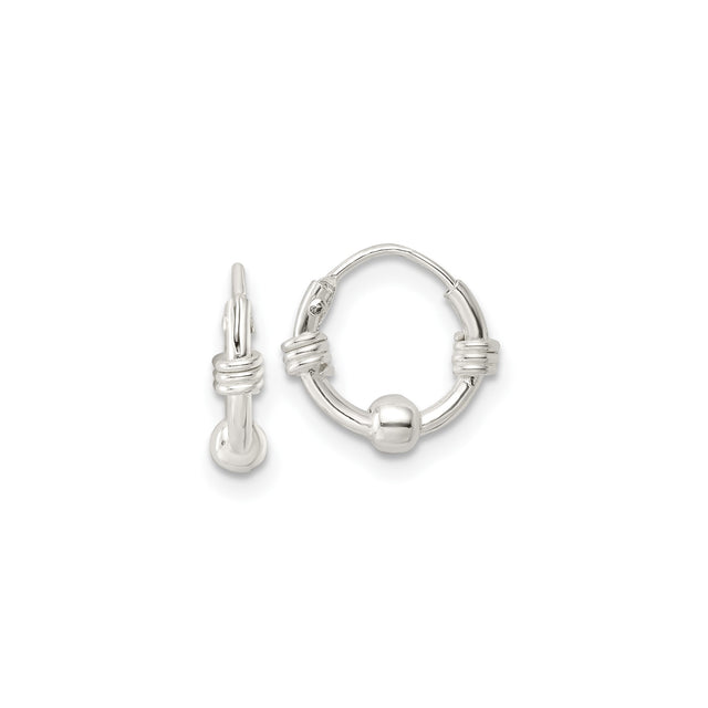 Sterling Silver Hoop Earrings with Wire Wrap and Bead Detailing, Tribal Boho Unisex Design