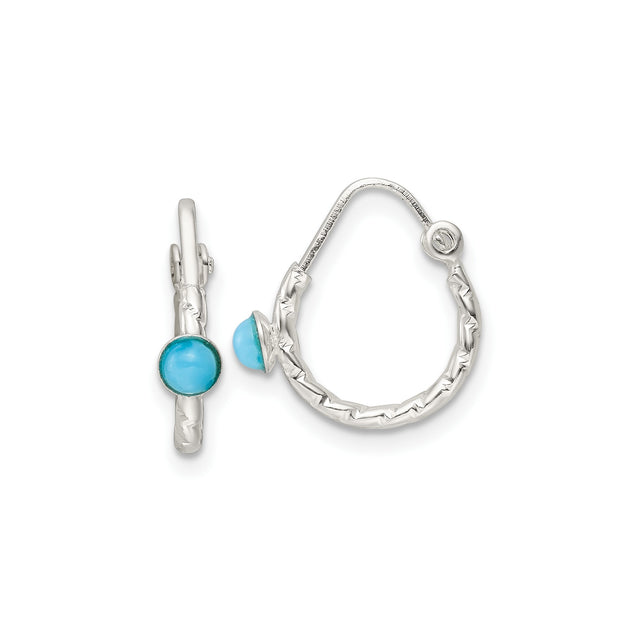 Sterling Silver Hoop Earrings with Turquoise Cabochon, Textured Teardrop, Boho Southwestern Style