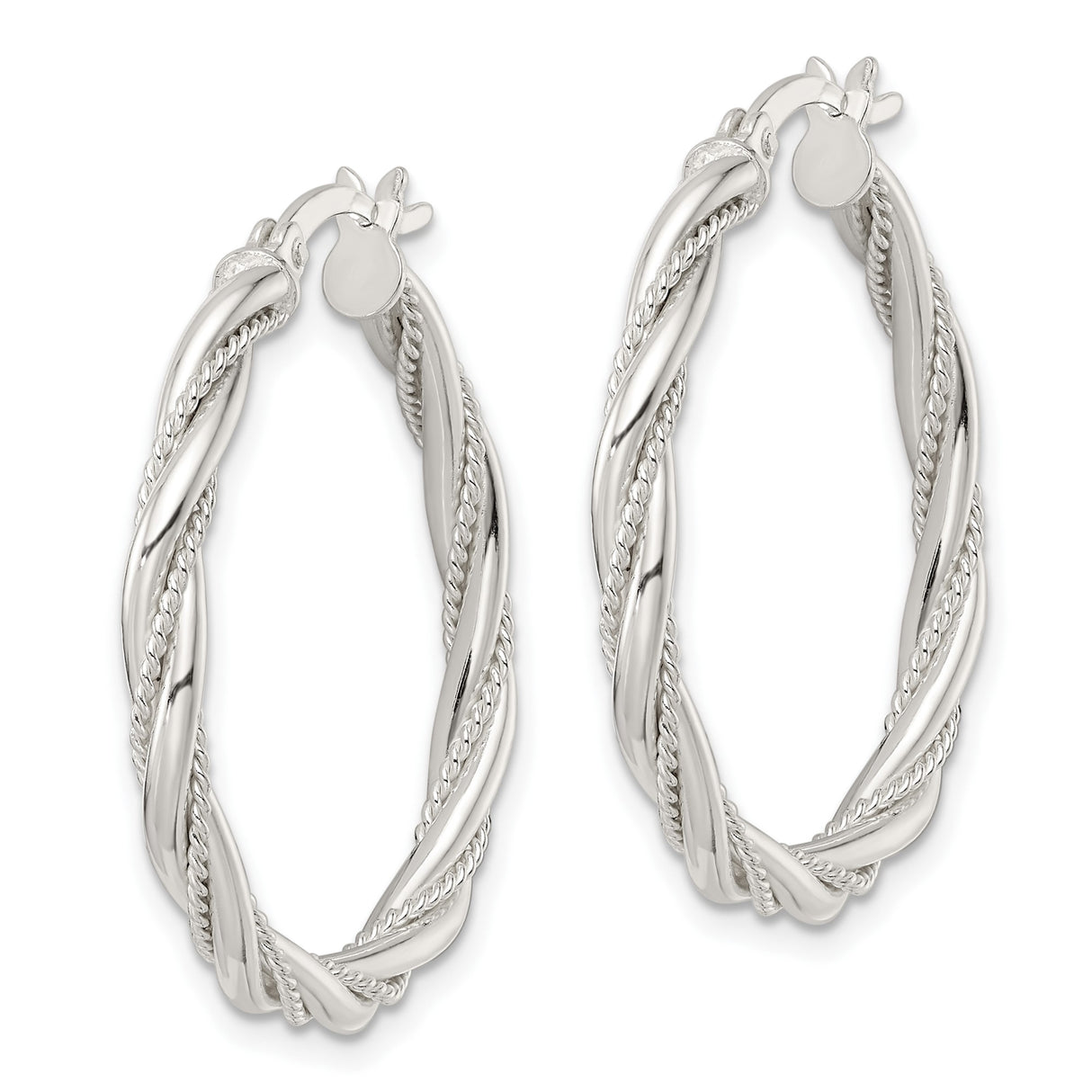 Sterling Silver Hoop Earrings, Twisted Rope Design with Polished and Textured Finish