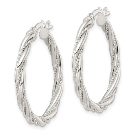 Sterling Silver Hoop Earrings, Twisted Rope Design with Polished and Textured Finish