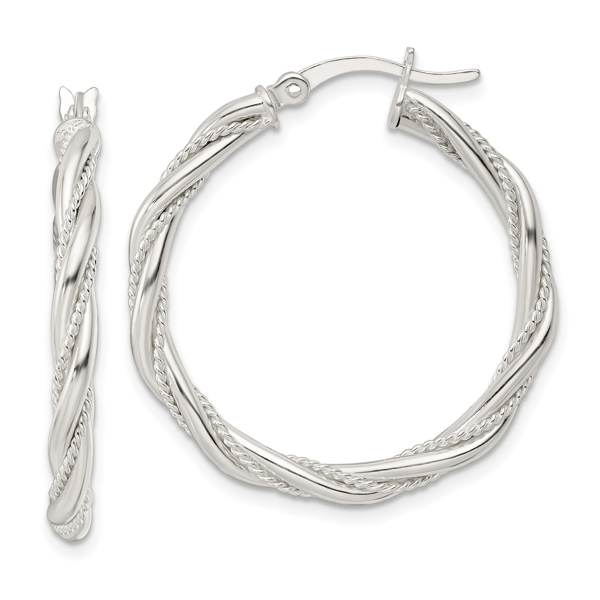 Sterling Silver Hoop Earrings, Twisted Rope Design with Polished and Textured Finish